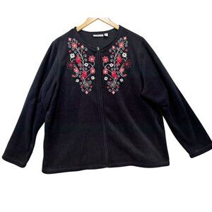 Croft & Barrow Womens Embroidered Cardinal Fleece Jacket 1X Black Red Floral